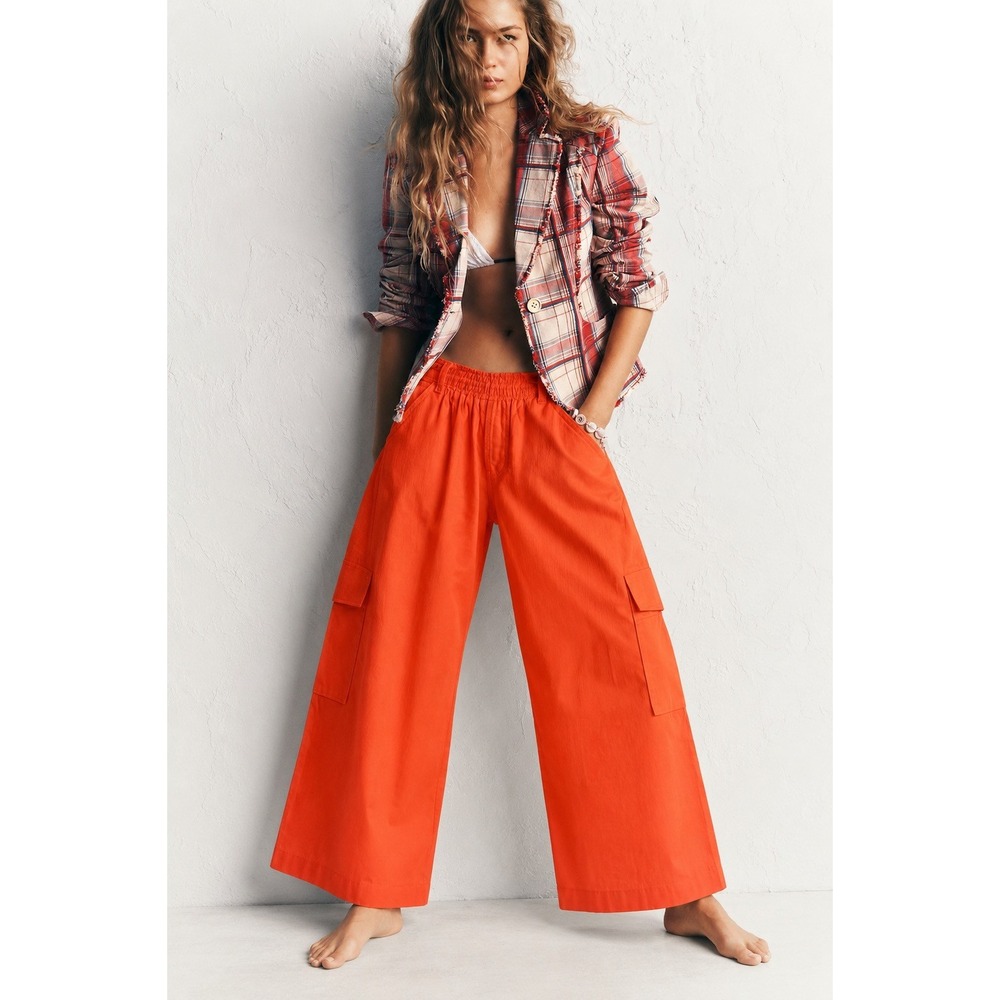 Anthropologie Du Paradis Bright Coral Cotton Cargo Wide Leg Pants NWT Size Small